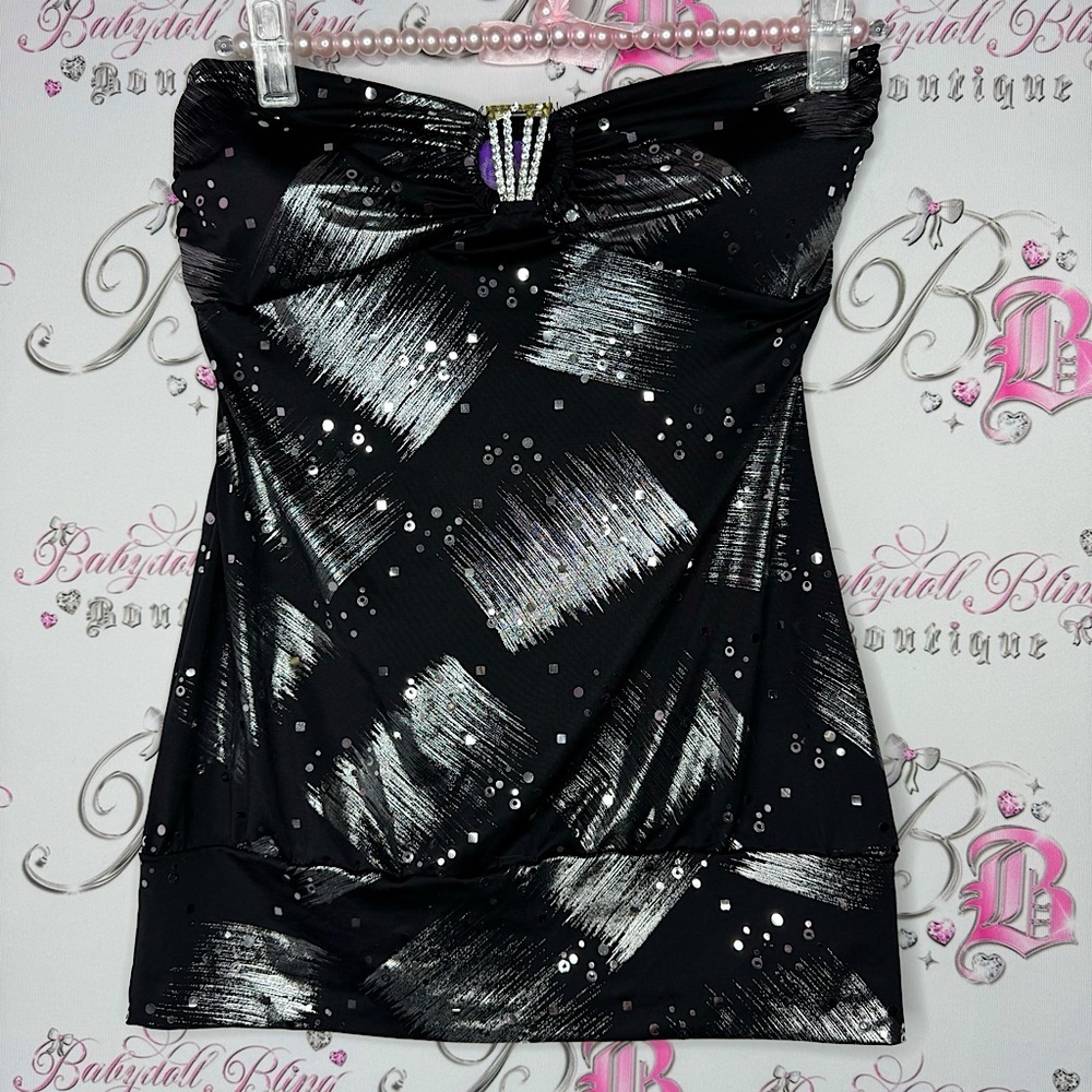 Jolie tank top strapless waist belt shimmer black silver holographic y2k club